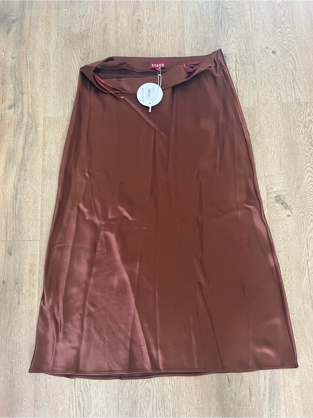 STAUD Chocolate Brown Satin Midi Slip Skirt